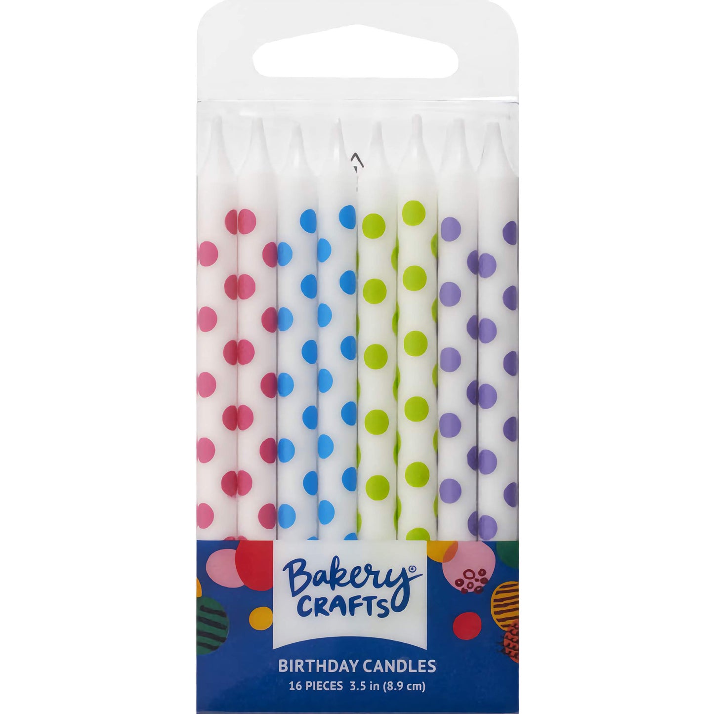 Polka Dotted White Birthday Candles - 16 Pack, featuring white candles with colorful polka dots in pink, blue, lime green, and purple, perfect for adding a playful touch to any birthday celebration.