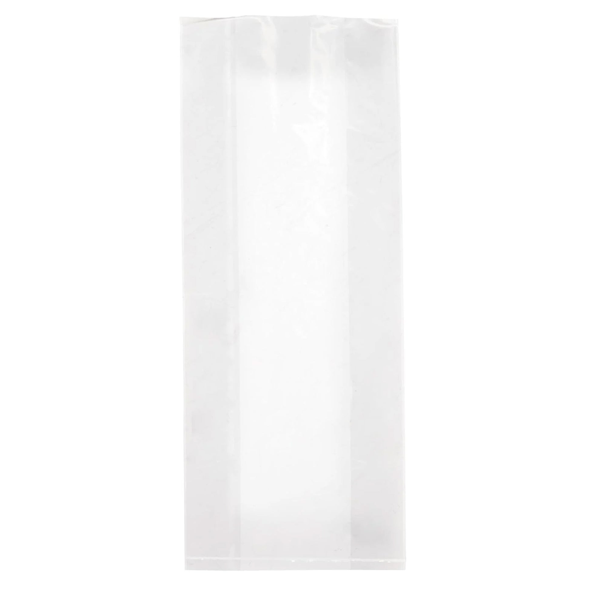 Clear plastic poly bag with a flat bottom seal and side gussets, shown empty on a white background, sized for treat and bakery packaging.