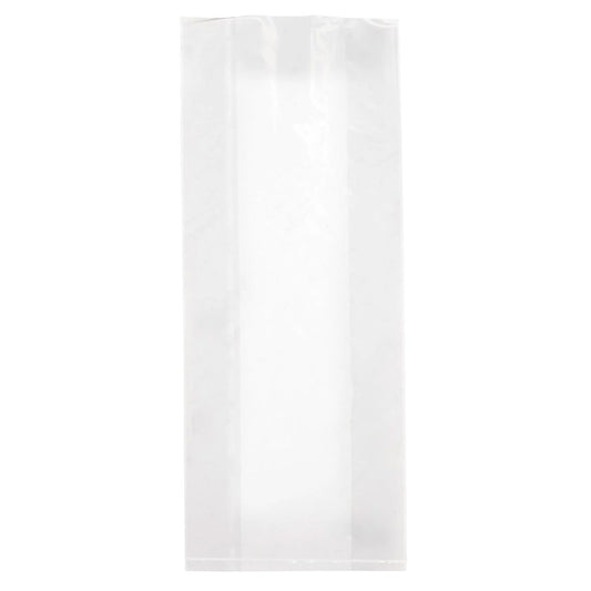 Clear plastic poly bag with a flat bottom seal and side gussets, shown empty on a white background, sized for treat and bakery packaging.