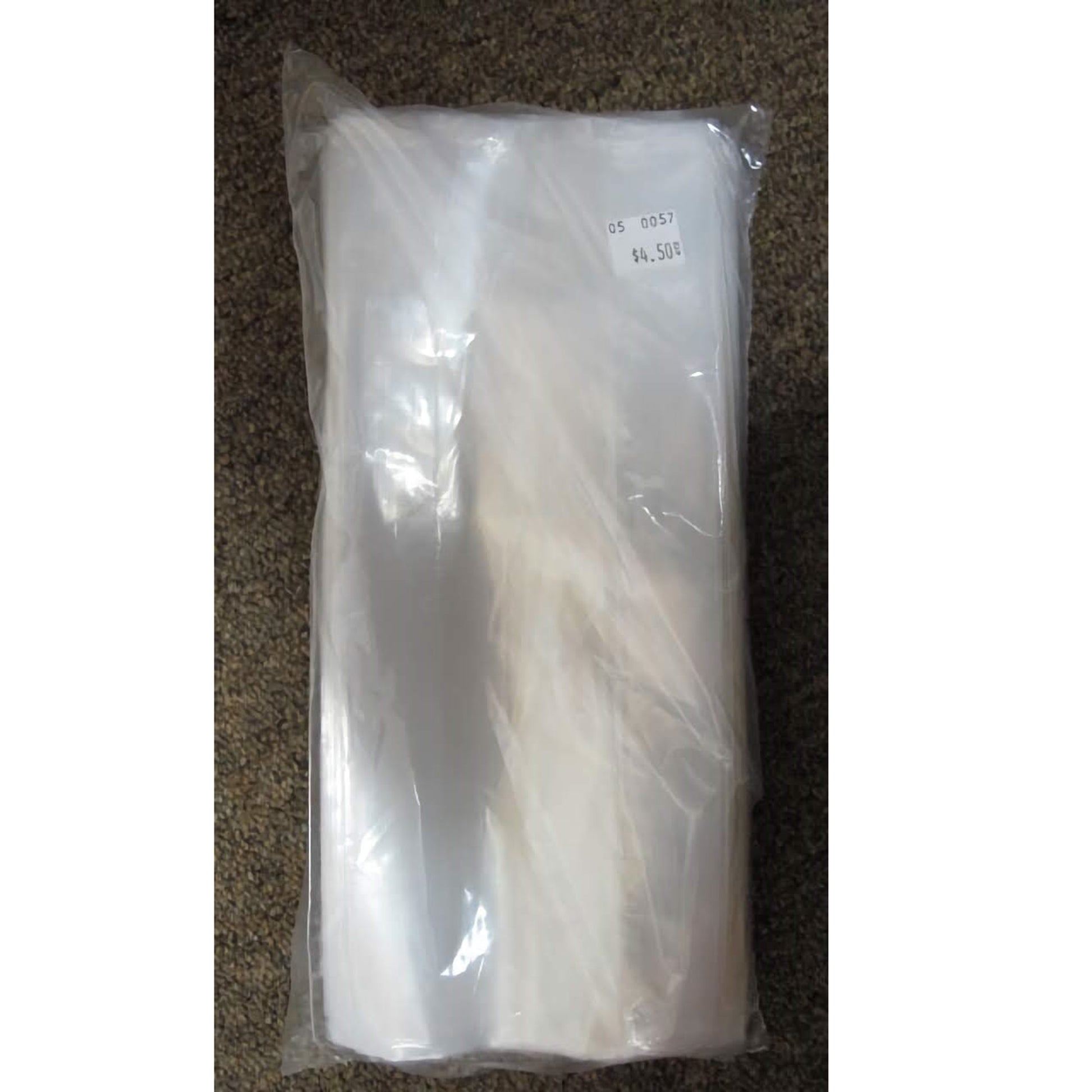 A sealed package of clear poly bags sized 4 x 10 inches. The poly bags are stacked within the package, and their transparency allows for the contents to be partially visible, showing the folded edges of the bags.