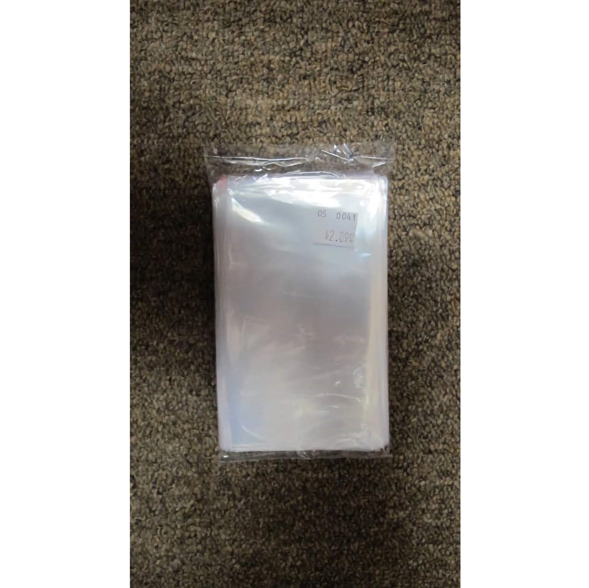 A package of 100 clear poly sucker bags with dimensions of 3 x 5 inches. The plastic wrapping is slightly reflective, with light creating a soft glow on the surface.