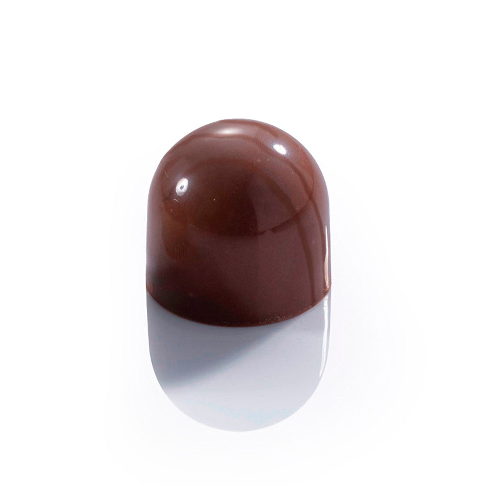 Finished rounded chocolate bonbon with a smooth glossy dome top in dark chocolate color, shown on a white background.