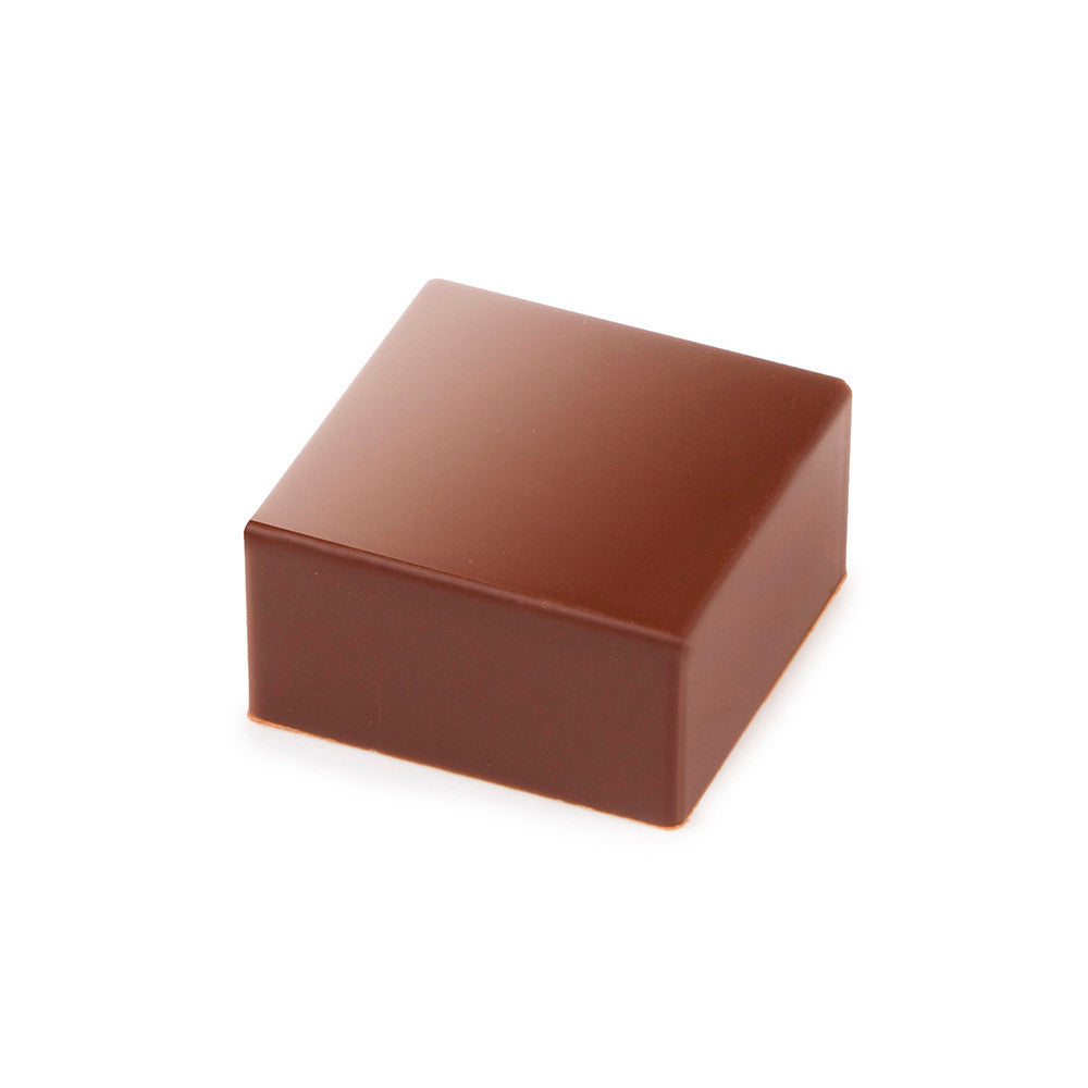 Finished straight-sided square chocolate bonbon with a smooth glossy surface, shown in milk chocolate color on a white background.