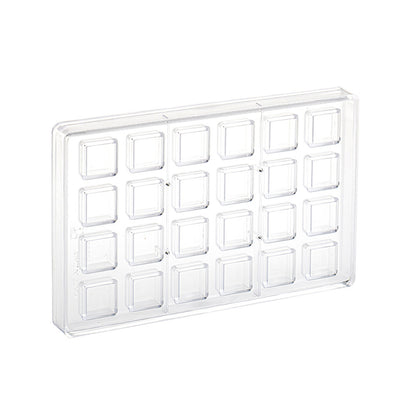 Clear polycarbonate chocolate mold with 24 small square cavities arranged in a grid, shown on a white background.