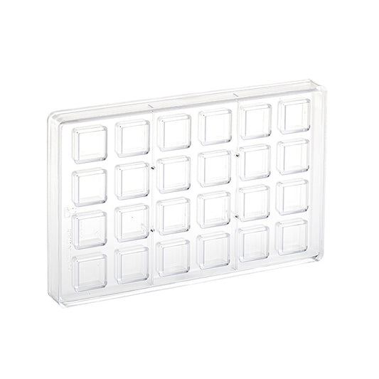Clear polycarbonate chocolate mold with 24 small square cavities arranged in a grid, shown on a white background.