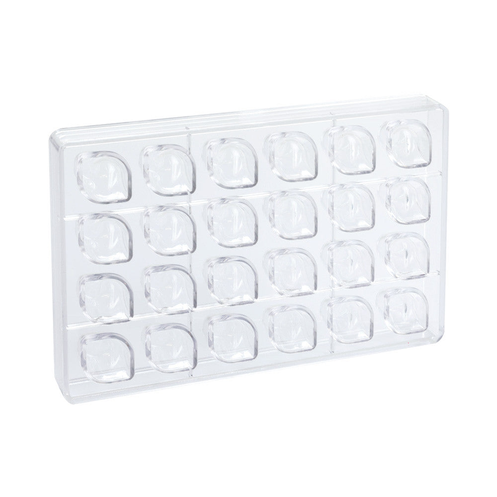Clear Martellato Flow polycarbonate chocolate mold with 24 rounded sculptural praline cavities arranged in rows on a white background.