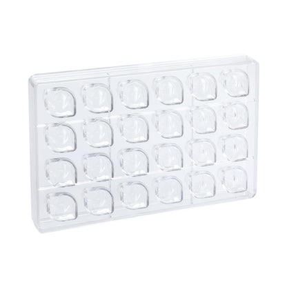 Clear Martellato Flow polycarbonate chocolate mold with 24 rounded sculptural praline cavities arranged in rows on a white background.