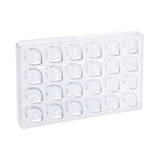 Clear Martellato Flow polycarbonate chocolate mold with 24 rounded sculptural praline cavities arranged in rows on a white background.