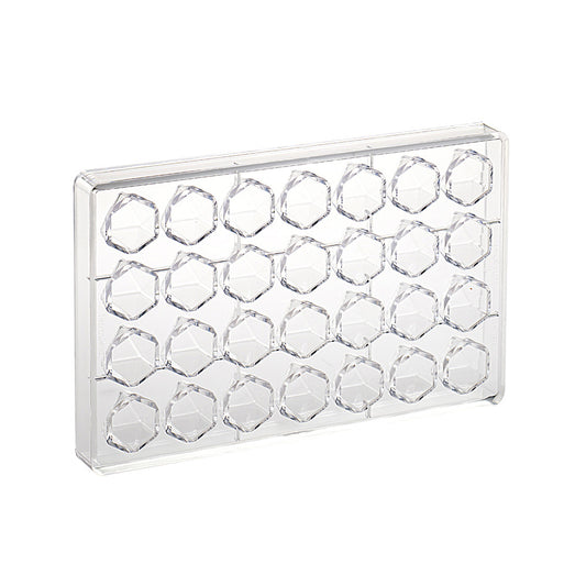 Clear polycarbonate chocolate mold with 28 geometric faceted cavities arranged in rows, shown on a white background.