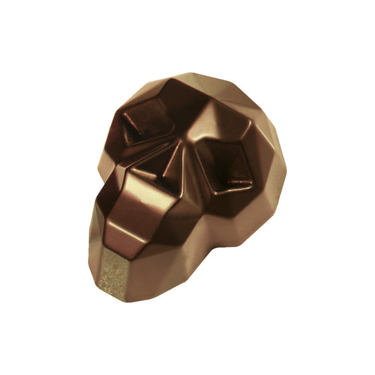 Faceted diamond skull chocolate praline in glossy dark brown with angular geometric features and reflective highlights on a white background