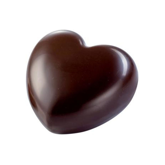 Finished large heart-shaped chocolate with a smooth glossy dark chocolate surface, shown on a white background.