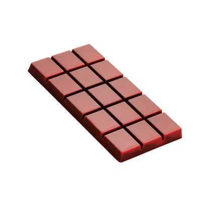 Finished chocolate bar with raised rectangular segments, shown in a reddish-brown chocolate color on a white background.
