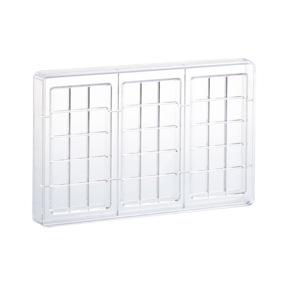 Clear polycarbonate chocolate bar mold with three rectangular cavities featuring a raised grid pattern, shown on a white background.