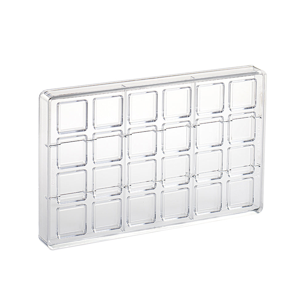 Clear polycarbonate chocolate mold with 24 square cavities arranged in a grid, shown on a white background.