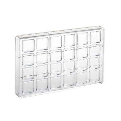 Clear polycarbonate chocolate mold with 24 square cavities arranged in a grid, shown on a white background.