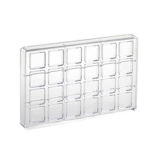 Clear polycarbonate chocolate mold with 24 square cavities arranged in a grid, shown on a white background.