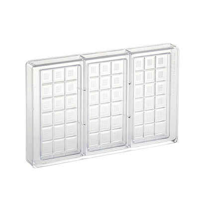 Clear polycarbonate chocolate tablet mold with three long bar cavities, each divided into small squares with a subtle wavy texture, shown on a white background.