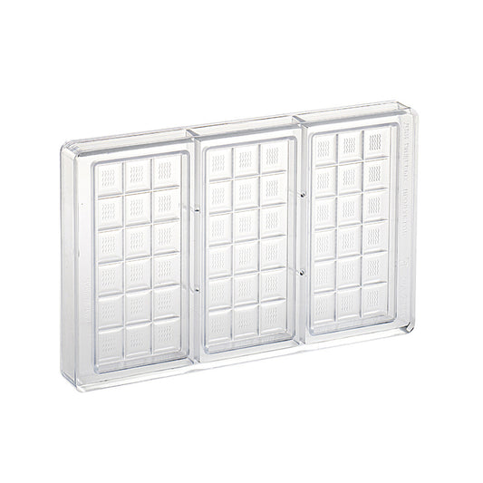 Clear polycarbonate chocolate tablet mold with three long bar cavities, each divided into small squares with a subtle wavy texture, shown on a white background.
