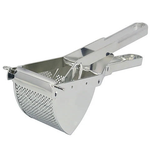Stainless steel potato ricer press with a perforated curved basket and long handles, shown open on a white background.