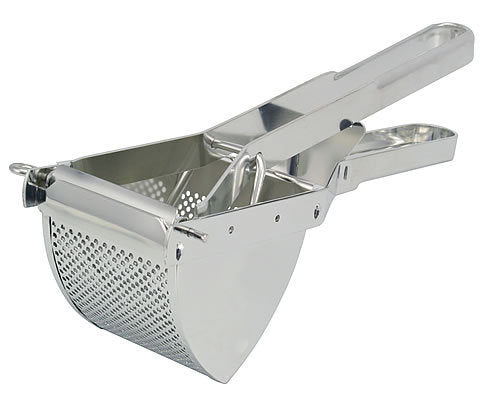 Heavy-duty stainless steel potato ricer with perforated basket and hinged press, ideal for making lefse, mashed potatoes, and vegetable purées.
