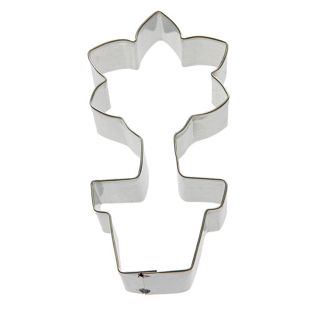 Metal potted flower cookie cutter with a defined flower and pot shape.