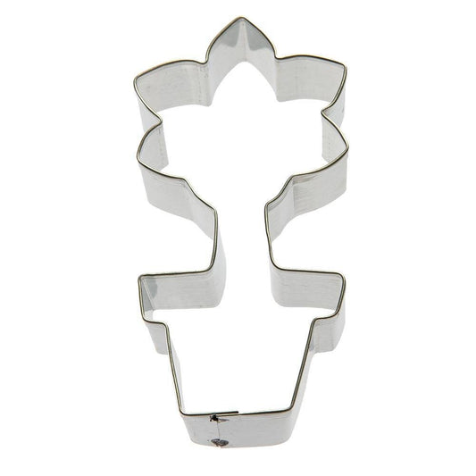 Metal potted flower cookie cutter with a defined flower and pot shape.