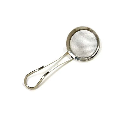 Stainless steel fine mesh strainer with a looped handle, used for sifting dry ingredients.