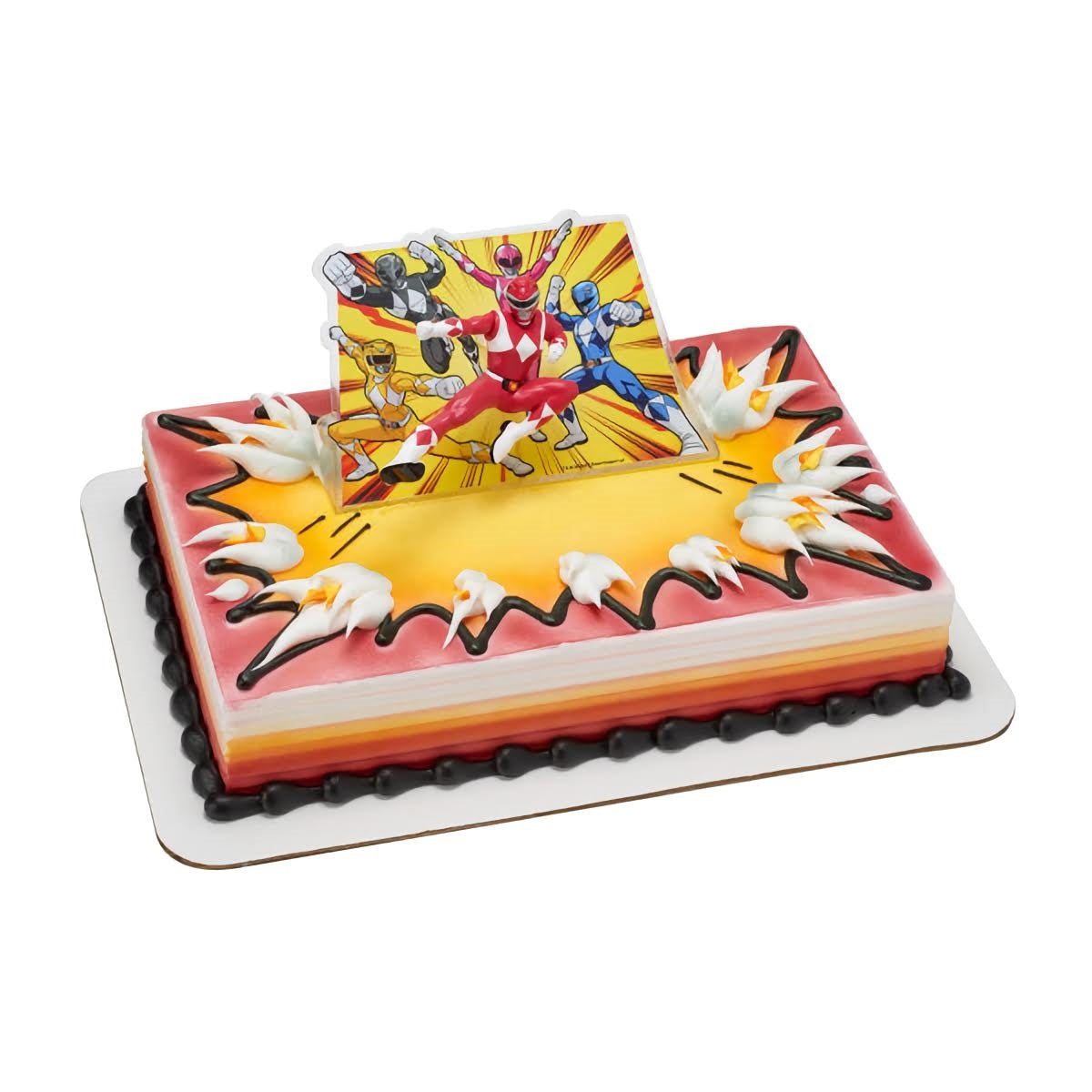 A vibrant rectangular cake with a cake topper depicting the power rangers in action, framed by fondant explosions and a gradient of yellow to red hues, edged with a black border.