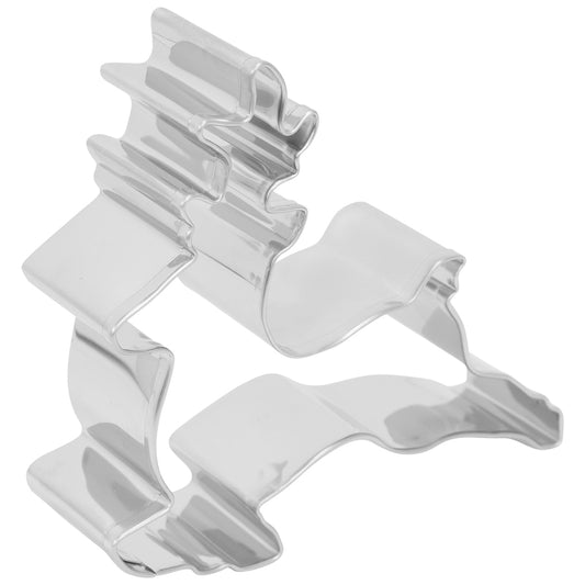 Angled side view of the Prancing Reindeer Cookie Cutter showing its detailed antlers, curved neck, raised legs, and leaping reindeer shape.