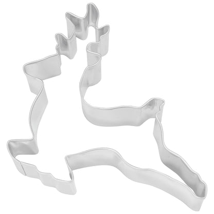 Top view of a 4-inch Prancing Reindeer Cookie Cutter with branching antlers, raised front leg, extended back leg, and curved body outline.