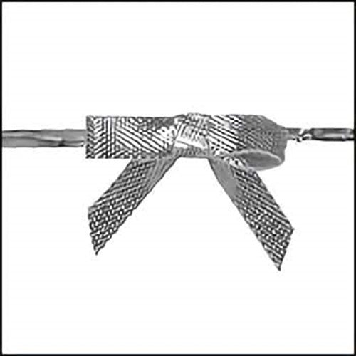 This image showcases a pre-tied bow with a twist tie. The bow features an intricate pattern, with a mix of solid and mesh-like stripes, giving it a textured appearance. It is metallic in color, suggesting that it could be either silver or gold. The bow is tied in the middle of a twist tie, ready to be attached to a gift or decoration.