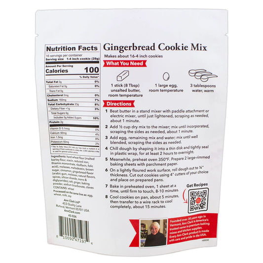 Back of Ann Clark Gingerbread Cookie Mix showing baking directions, ingredients, nutrition facts, and tips for making perfect holiday cookies.