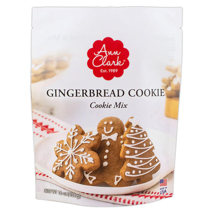Front of Ann Clark Gingerbread Cookie Mix package featuring decorated gingerbread cookies in festive shapes like snowflakes, trees, and gingerbread men.