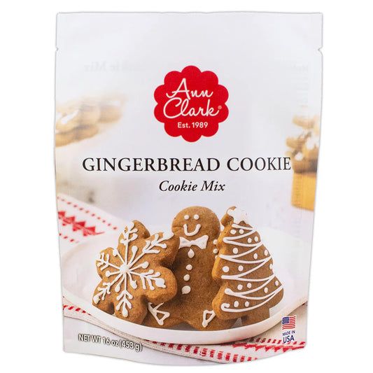 Front of Ann Clark Gingerbread Cookie Mix package featuring decorated gingerbread cookies in festive shapes like snowflakes, trees, and gingerbread men.