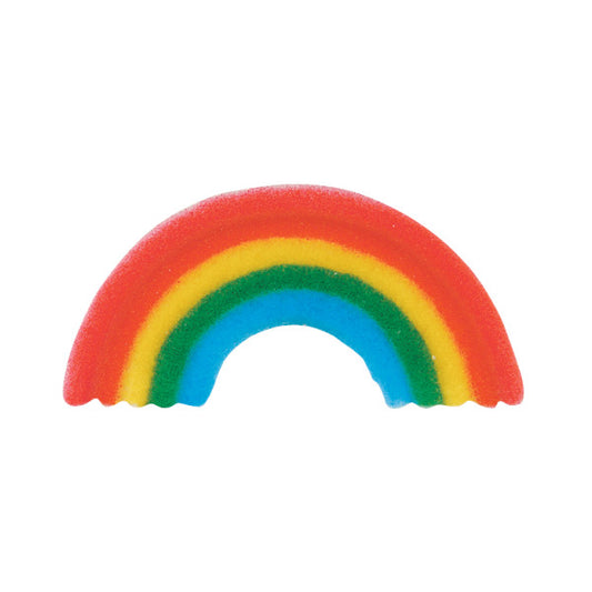 Pressed sugar rainbow decoration with vibrant red, yellow, green, and blue stripes; ideal for cake and cupcake toppers.