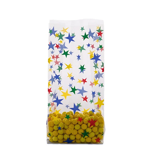 Clear gusseted cello bag with colorful star pattern, filled with yellow candy balls, ideal for party favors, kids’ events, or retail packaging.