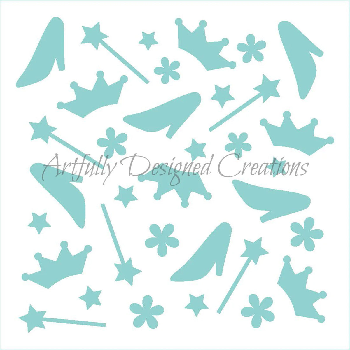 Princess cookie stencil pattern with teal open shapes including crowns, magic wands, stars, flowers, and high heel silhouettes on a white background.