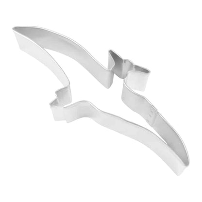 Pterodactyl-shaped metal cookie cutter with detailed wings and a pointed beak, shown on a white background.