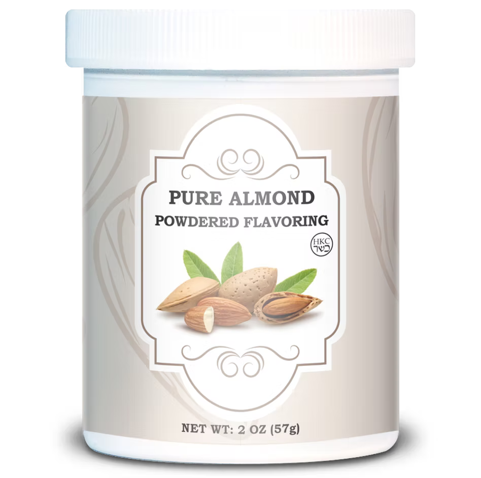 White 2 oz jar of Pure Almond Powdered Flavoring with a beige label, almond illustration, and white screw-top lid