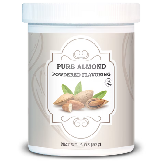 White 2 oz jar of Pure Almond Powdered Flavoring with a beige label, almond illustration, and white screw-top lid