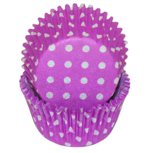 Purple cupcake baking cup with white polka dots, displayed in a nested stack.