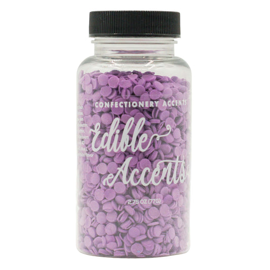 Edible Accents purple quins sprinkles in flat, round confetti shapes, packaged in a clear 2.75-ounce bottle with a black cap.