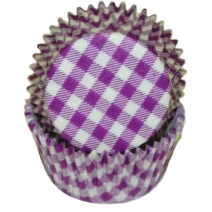 Purple gingham baking cup, standard size, 36 count. Features a purple and white checkered pattern, stacked in a nesting arrangement.