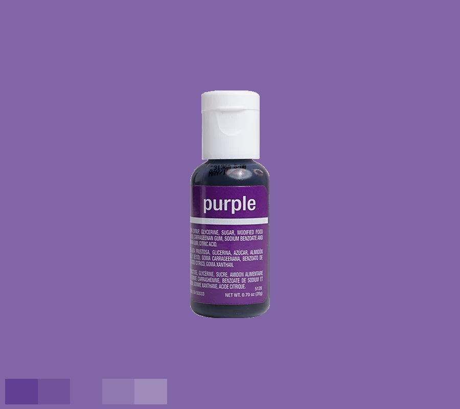 Rich purple Chefmaster liqua-gel, 0.70 oz, for professional baking and decorating, white lid, with clear ingredient information, against a purple backdrop.