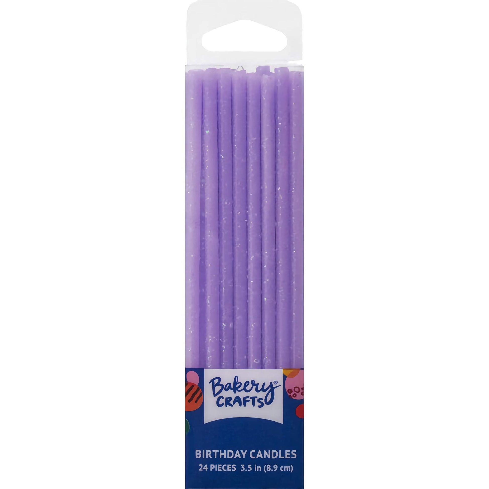 Package of 24 Bakery Crafts Purple Slim Glittery Birthday Candles, each 3.5 inches (8.9 cm) tall.