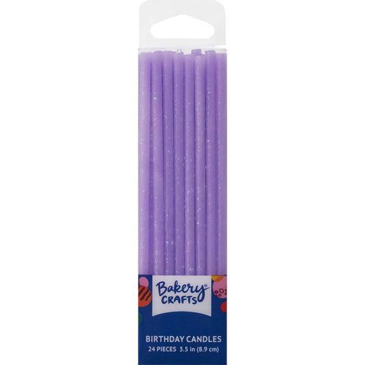 Package of 24 Bakery Crafts Purple Slim Glittery Birthday Candles, each 3.5 inches (8.9 cm) tall.