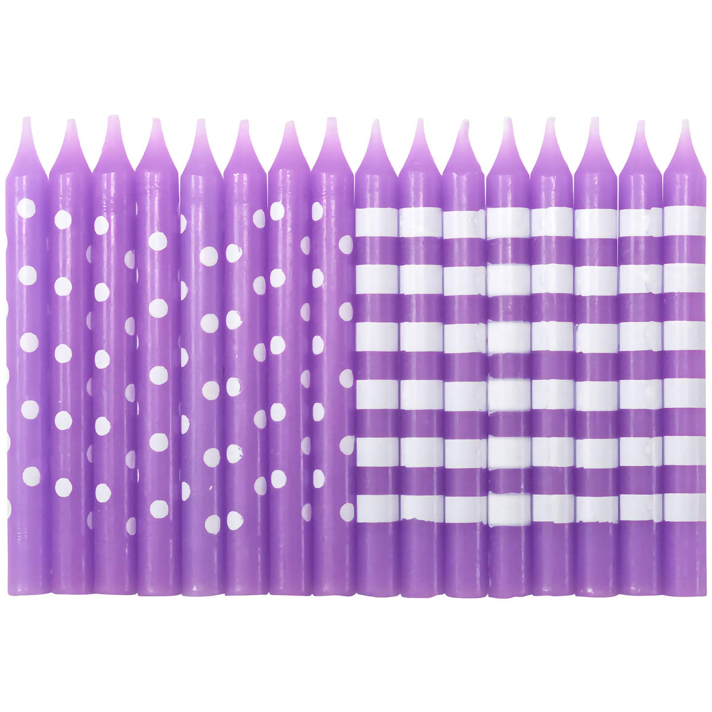 Pack of 16 purple birthday candles with white stripes and polka dots, arranged in two rows.