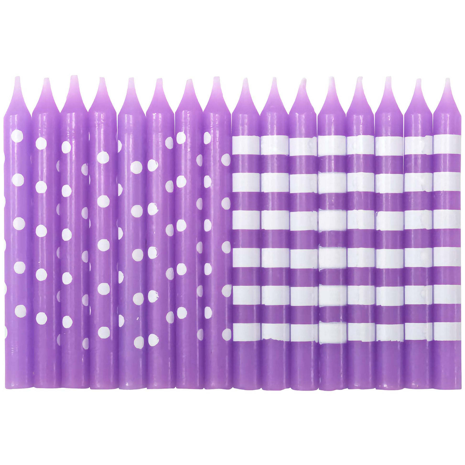 Pack of 16 purple birthday candles with white stripes and polka dots, arranged in two rows.