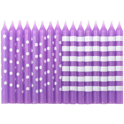 Pack of 16 purple birthday candles with white stripes and polka dots, arranged in two rows.