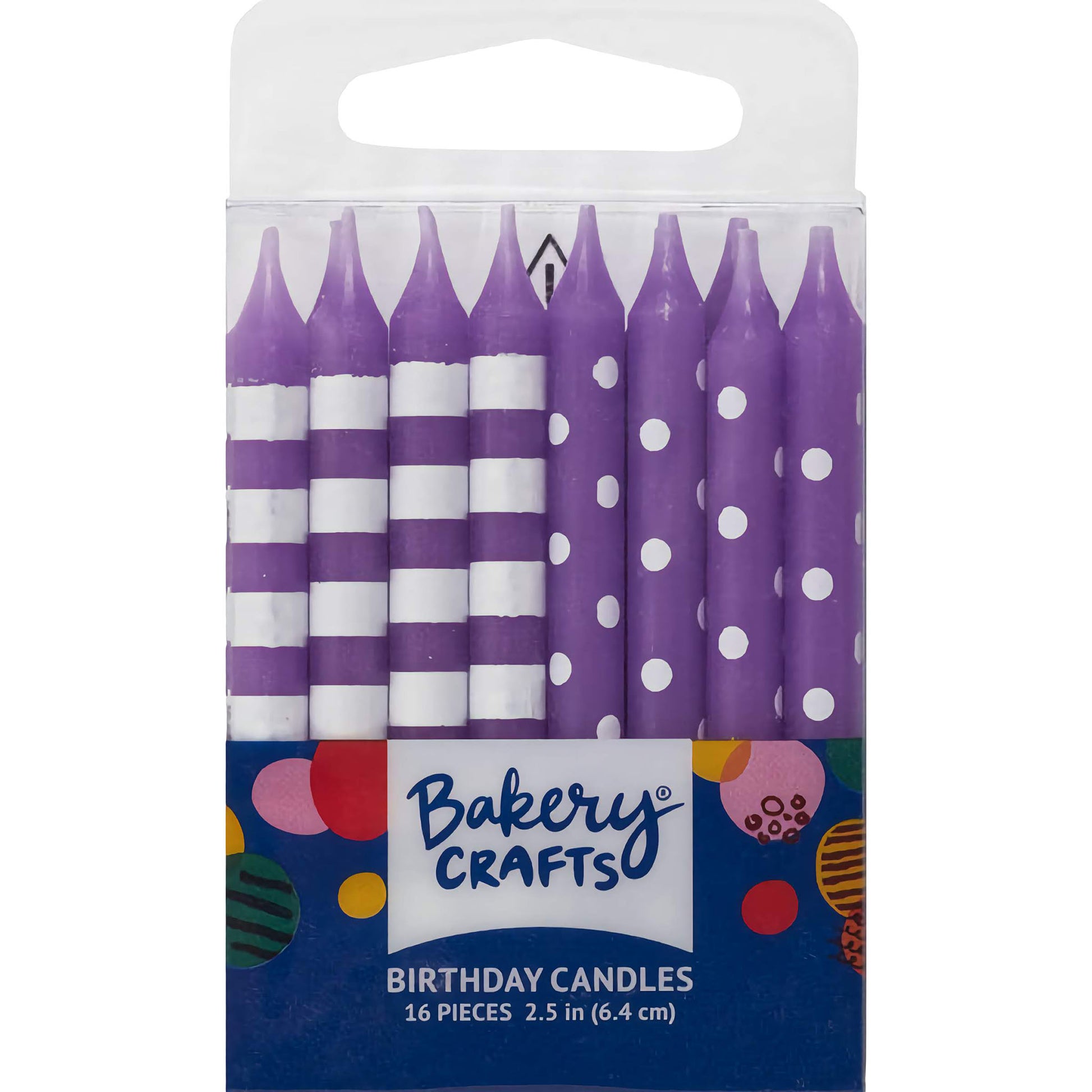Purple Stripes & Dots Birthday Candles - 16 Pack, featuring candles in purple with white stripes and polka dots, perfect for adding a festive touch to any birthday celebration.